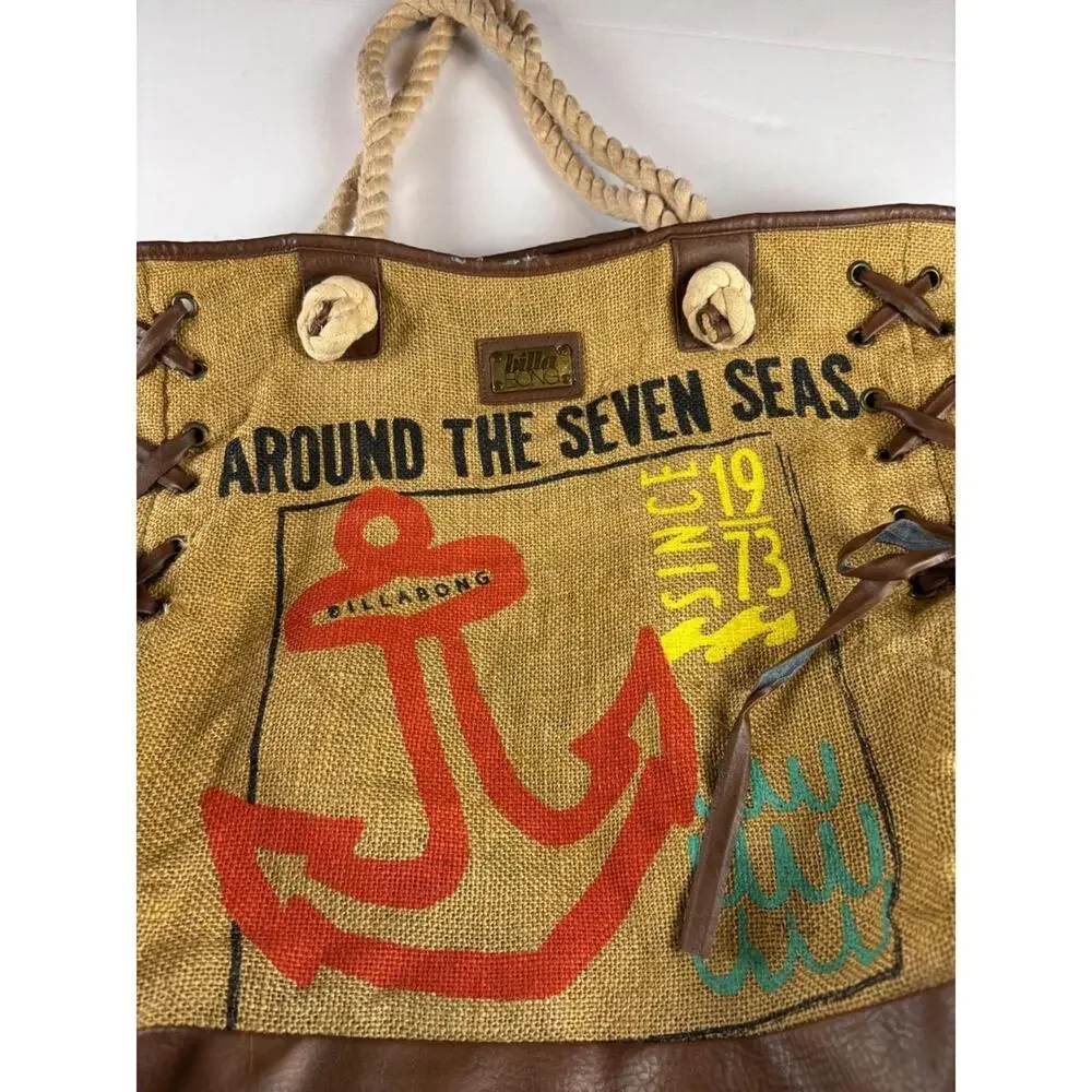 Billabong Nautical Anchor Tote Bag Rope Handle Leather Trim Beach Coastal Summer - Picture 2 of 8